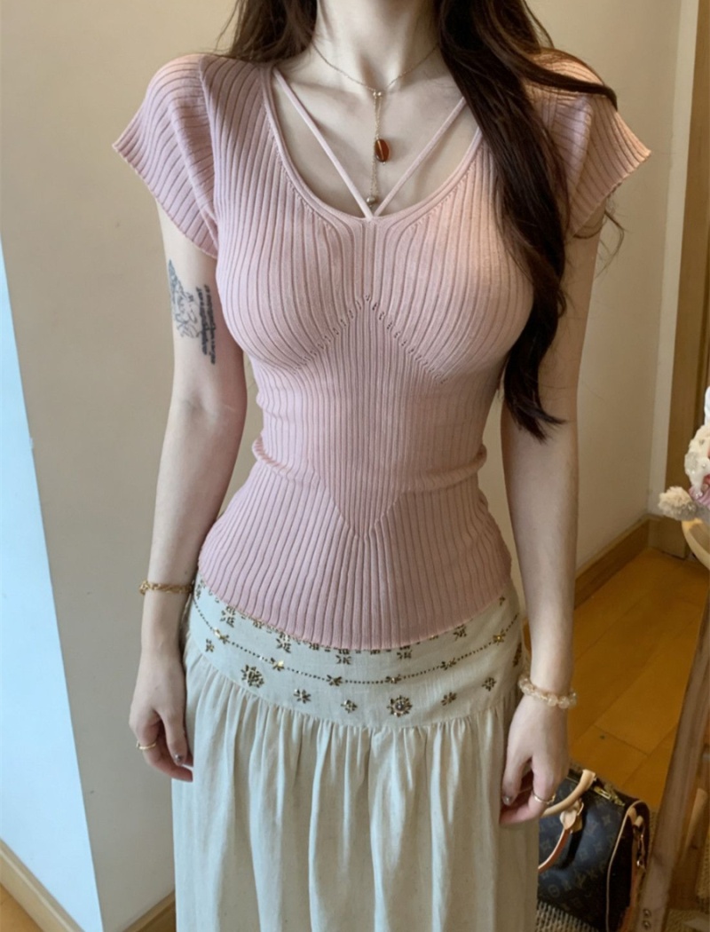 V-neck Korean style sweater short sleeve tops for women