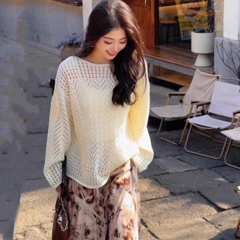 Spring and summer sunscreen loose tops hollow flat shoulder smock