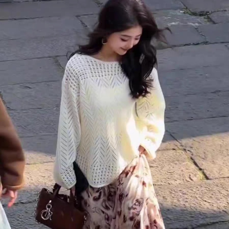 Spring and summer sunscreen loose tops hollow flat shoulder smock