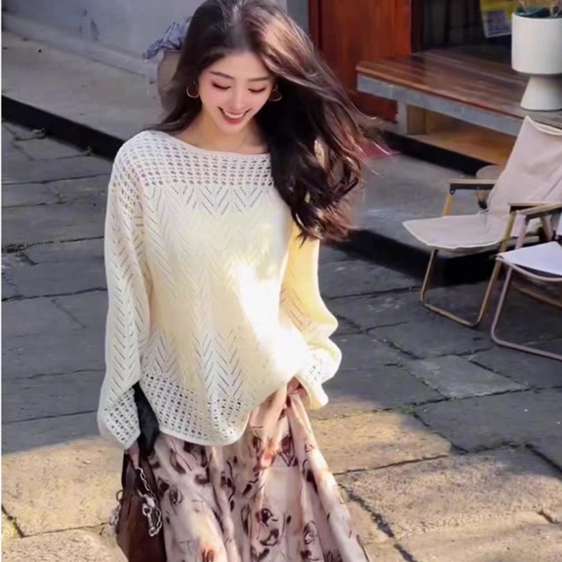 Spring and summer sunscreen loose tops hollow flat shoulder smock