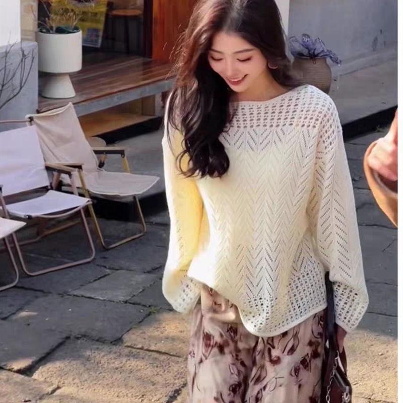 Spring and summer sunscreen loose tops hollow flat shoulder smock