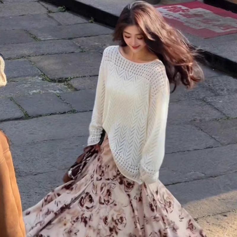 Spring and summer sunscreen loose tops hollow flat shoulder smock