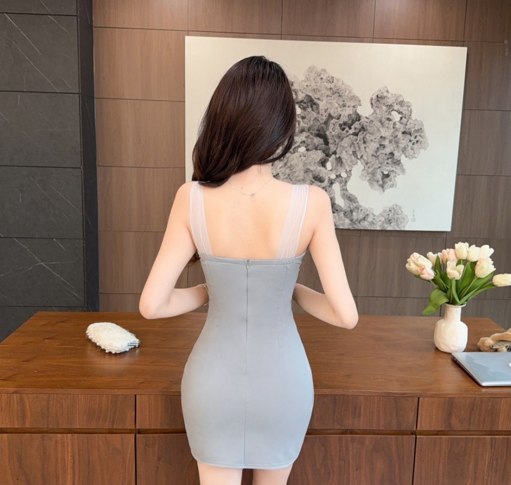 Low-cut bottoming sexy package hip sling pinched waist dress