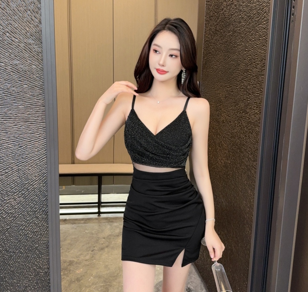 Bottoming sexy tight package hip gauze low-cut dress