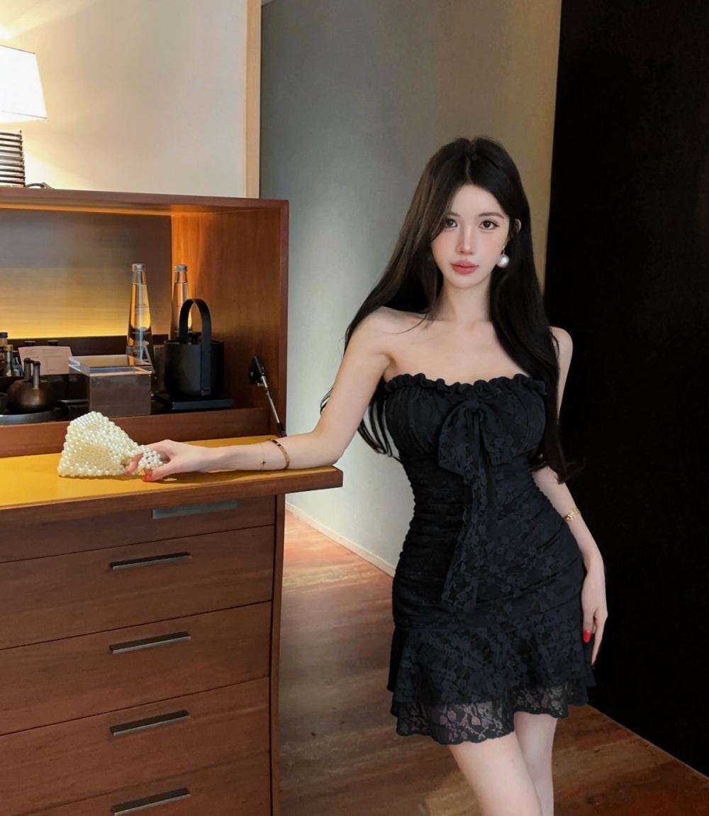 Bottoming sling wrapped chest lotus leaf edges dress