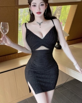 Low-cut package hip hollow cotton sexy bubble sling dress