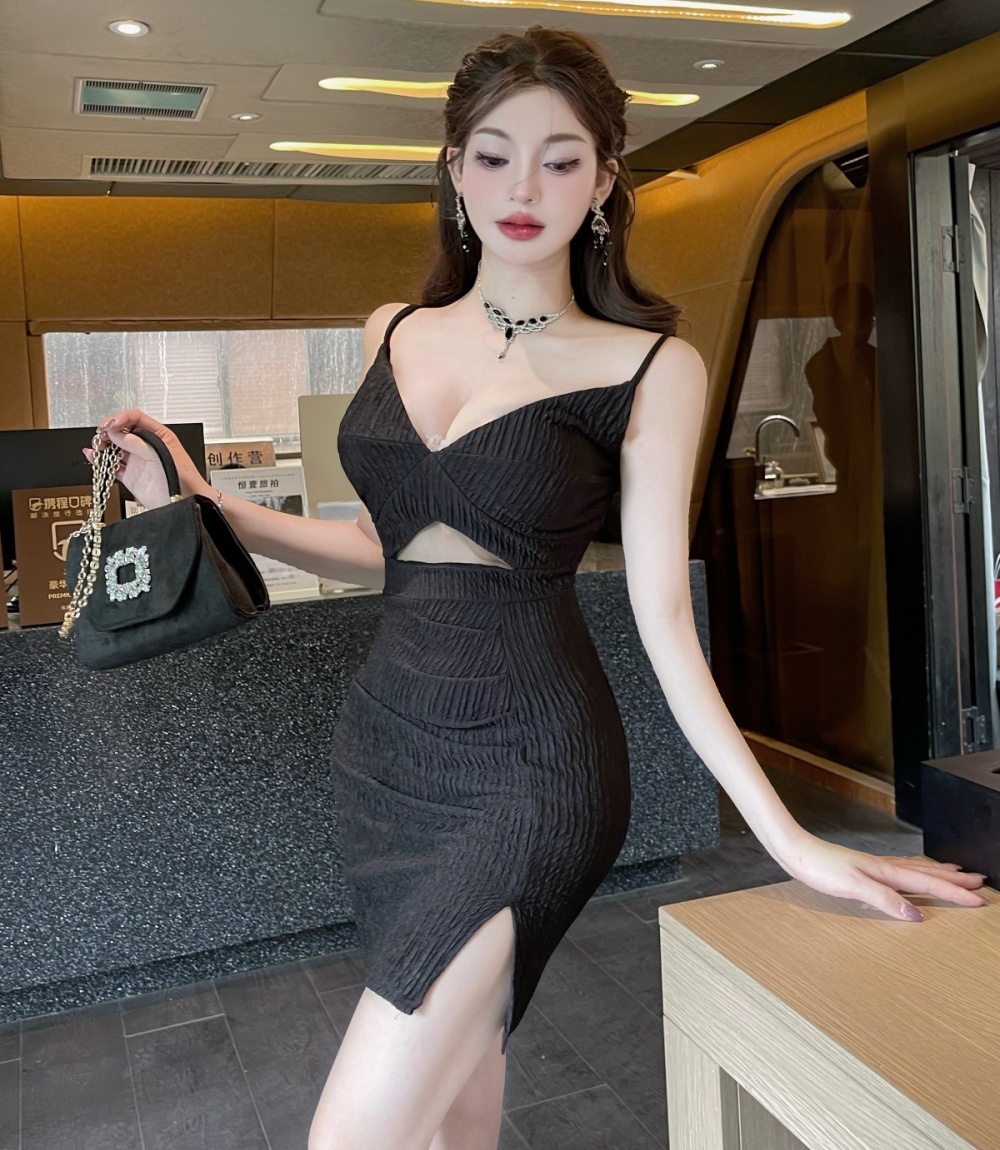 Low-cut package hip hollow cotton sexy bubble sling dress