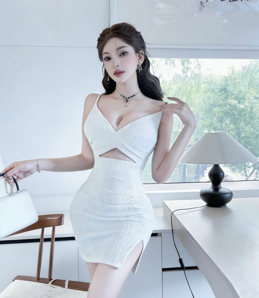 Low-cut package hip hollow cotton sexy bubble sling dress