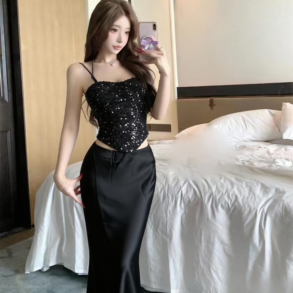 France style long skirt wrapped chest tops 2pcs set