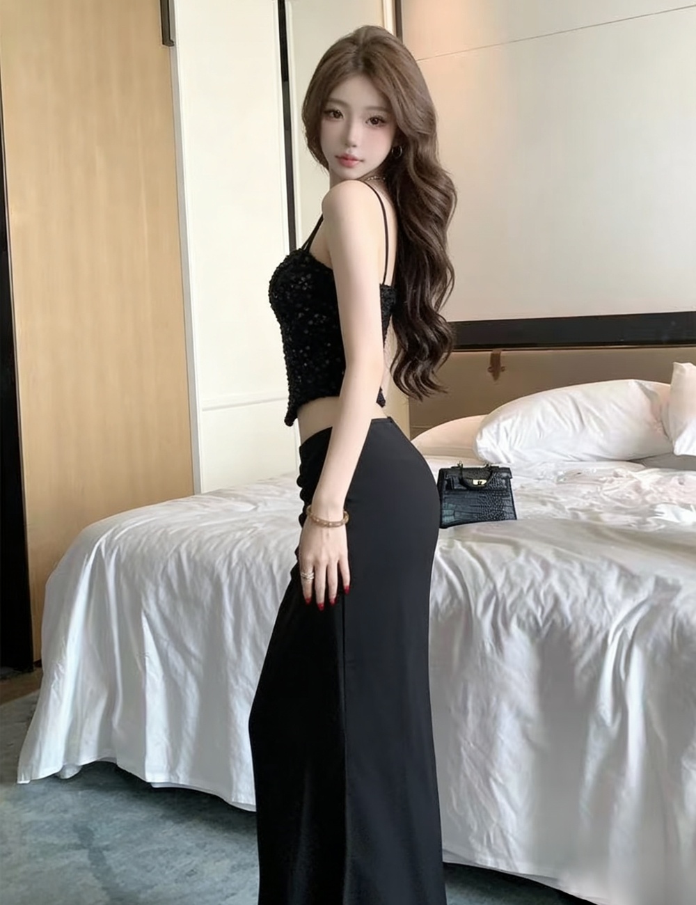 France style long skirt wrapped chest tops 2pcs set