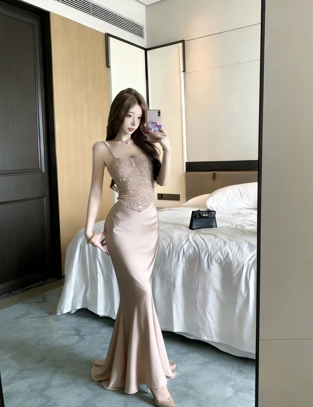 France style long skirt wrapped chest tops 2pcs set