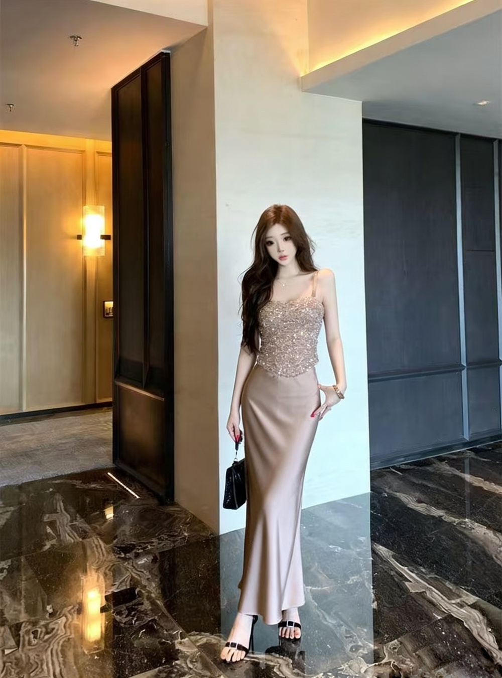 France style long skirt wrapped chest tops 2pcs set