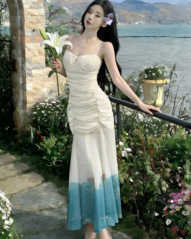 Sling gauze gradient long dress mermaid tie dye dress