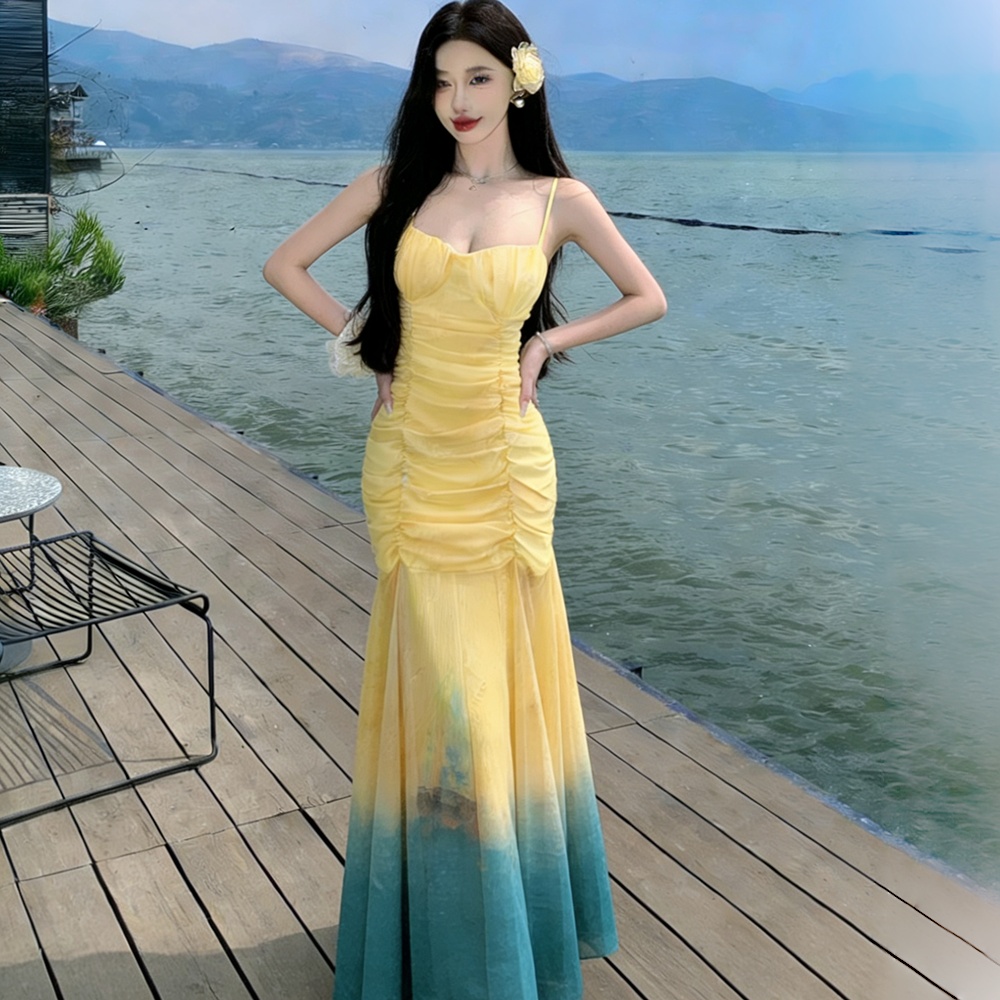 Sling gauze gradient long dress mermaid tie dye dress