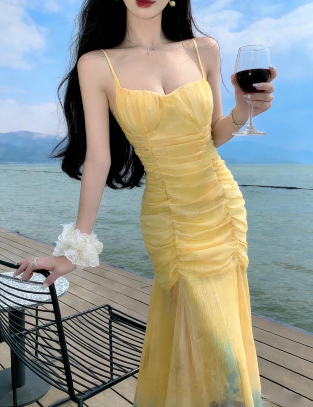 Sling gauze gradient long dress mermaid tie dye dress