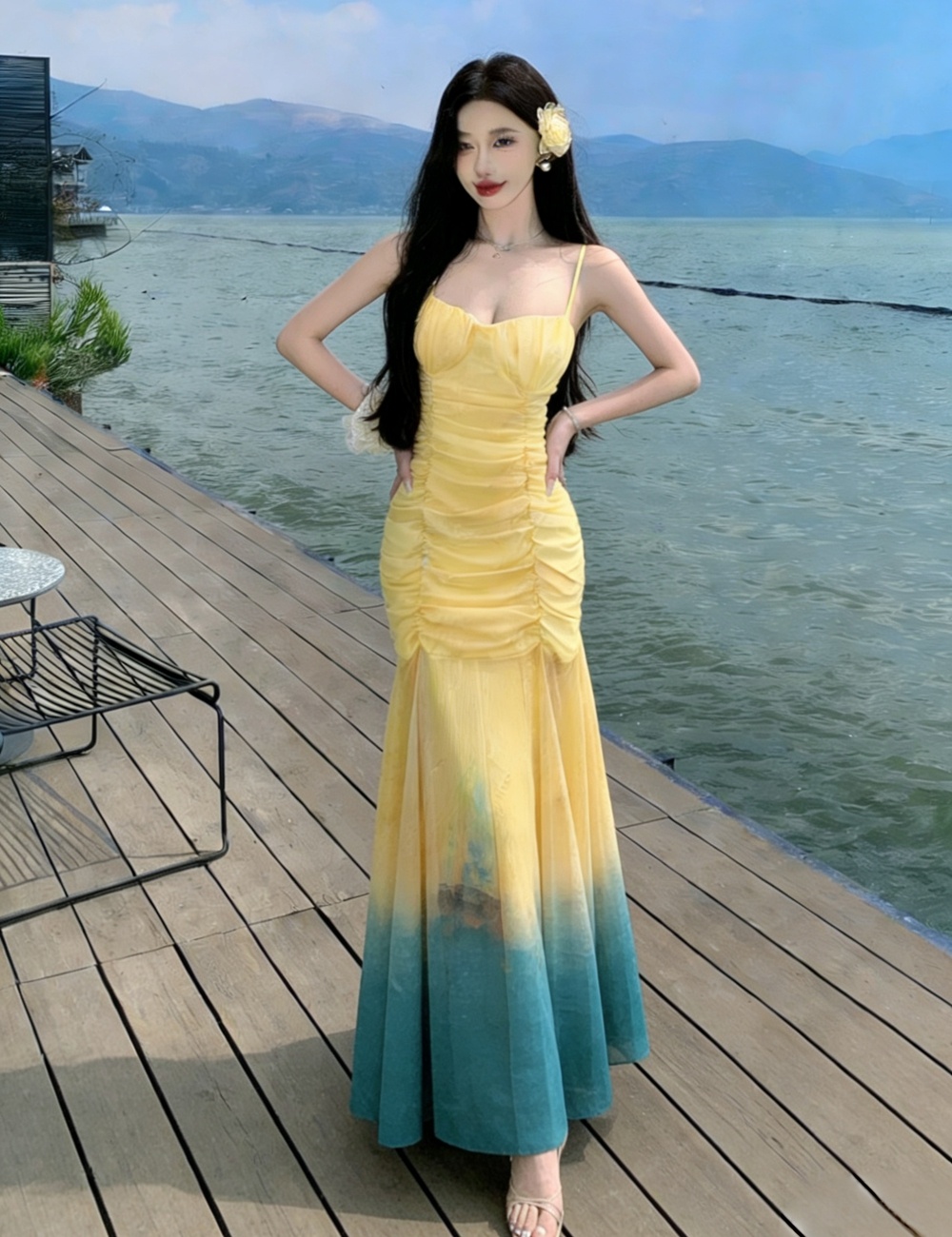 Sling gauze gradient long dress mermaid tie dye dress