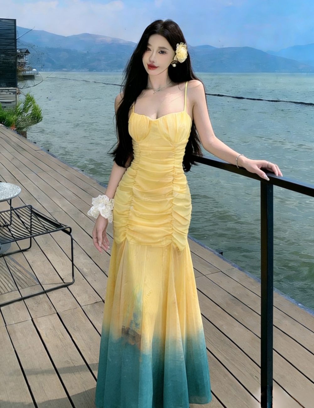 Sling gauze gradient long dress mermaid tie dye dress