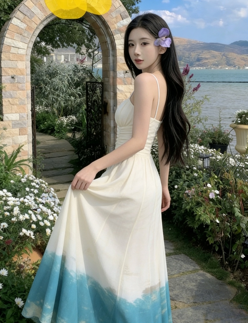 Sling gauze gradient long dress mermaid tie dye dress