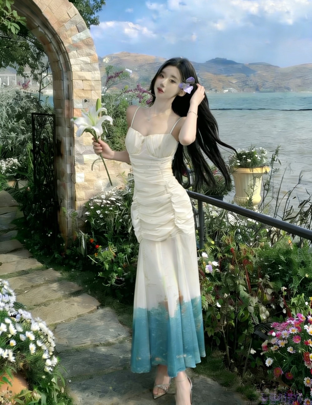 Sling gauze gradient long dress mermaid tie dye dress