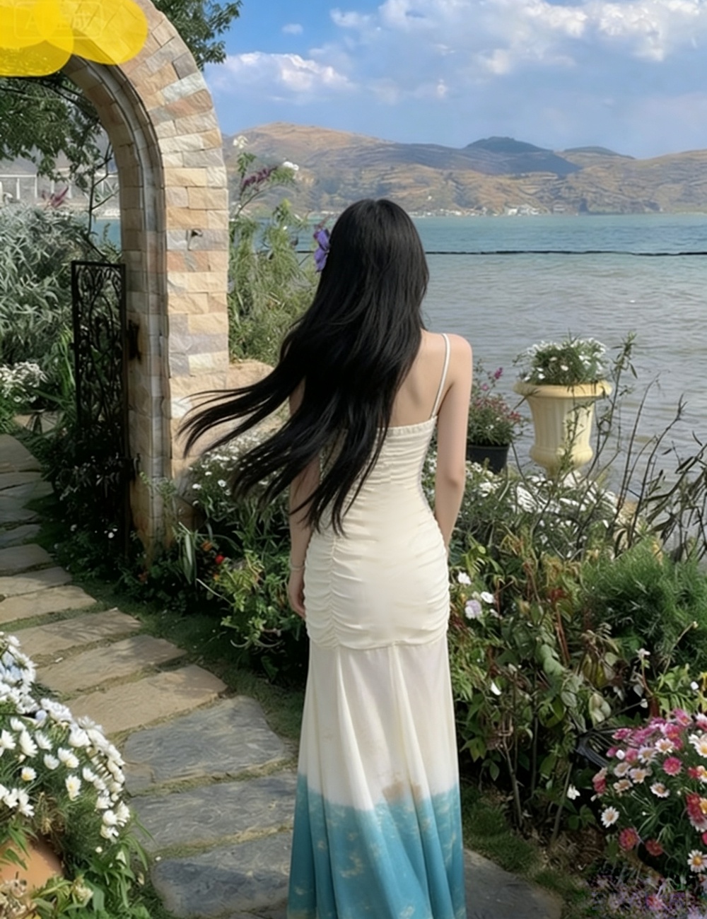 Sling gauze gradient long dress mermaid tie dye dress