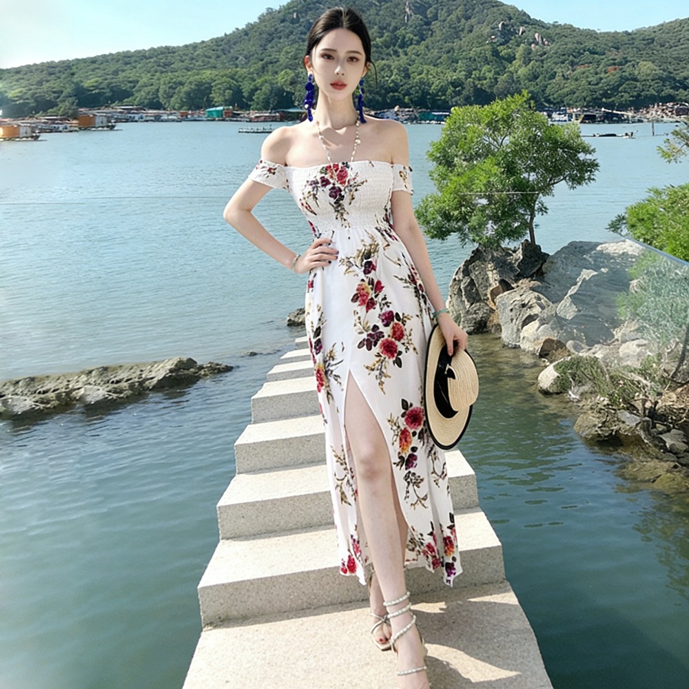 Strapless banquet seaside formal dress split sexy dress