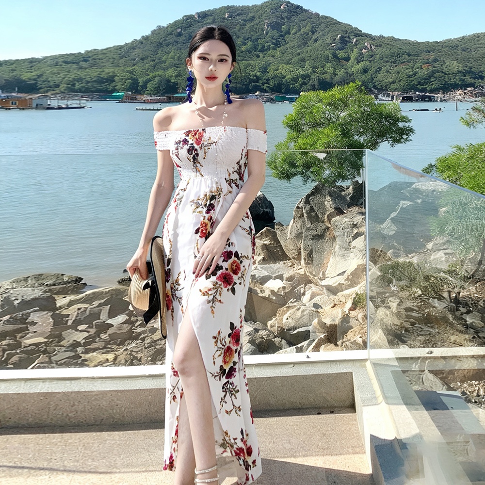 Strapless banquet seaside formal dress split sexy dress