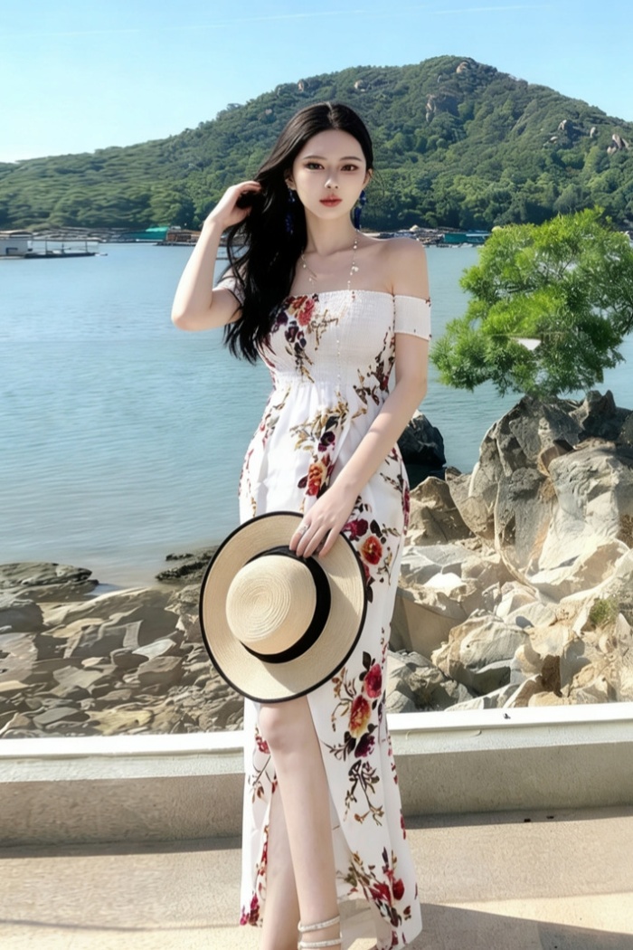 Strapless banquet seaside formal dress split sexy dress