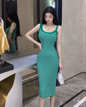 Stripe bottoming sling long dress knitted mixed colors slim dress