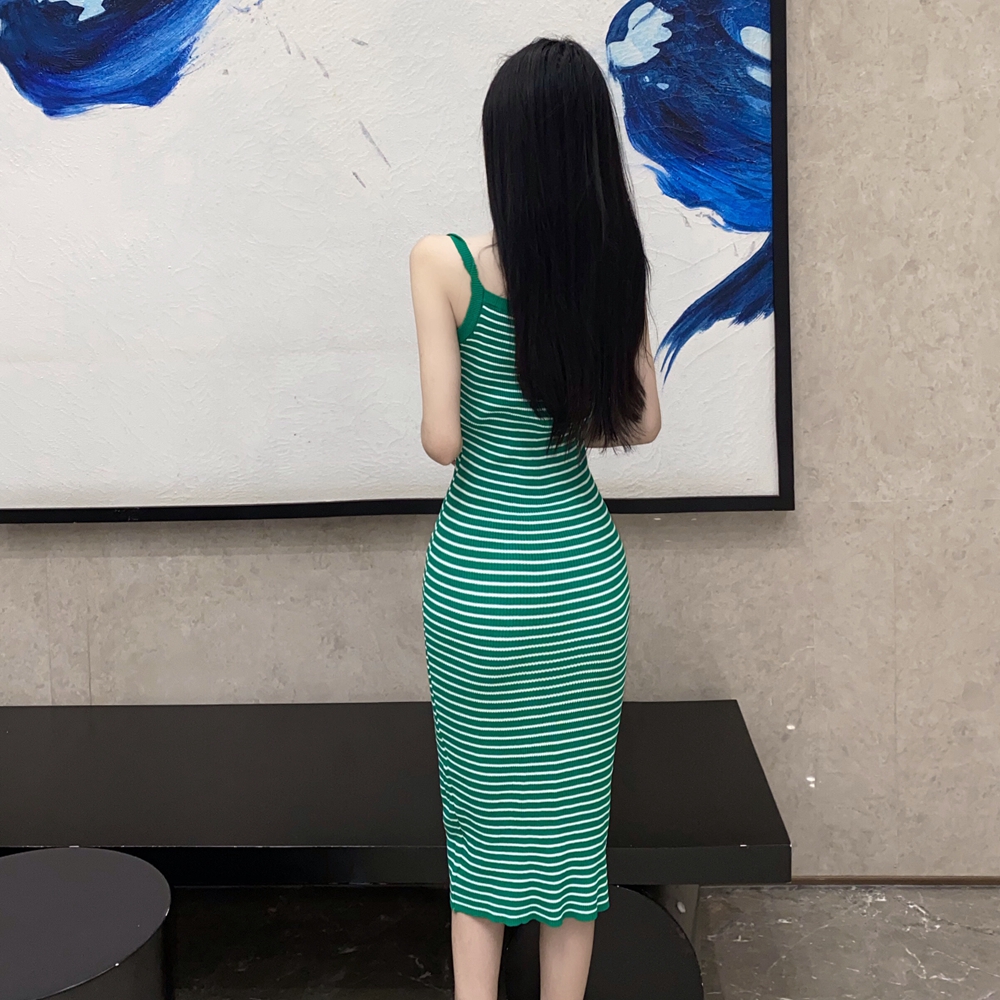 Stripe bottoming sling long dress knitted mixed colors slim dress