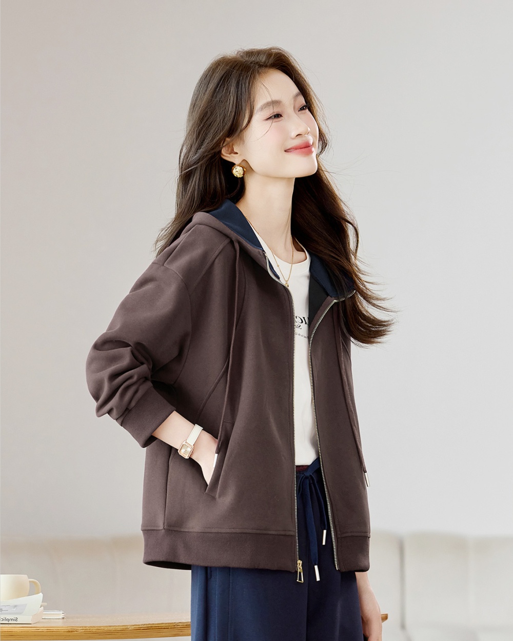 Spring and autumn slim cardigan hooded hoodie for women