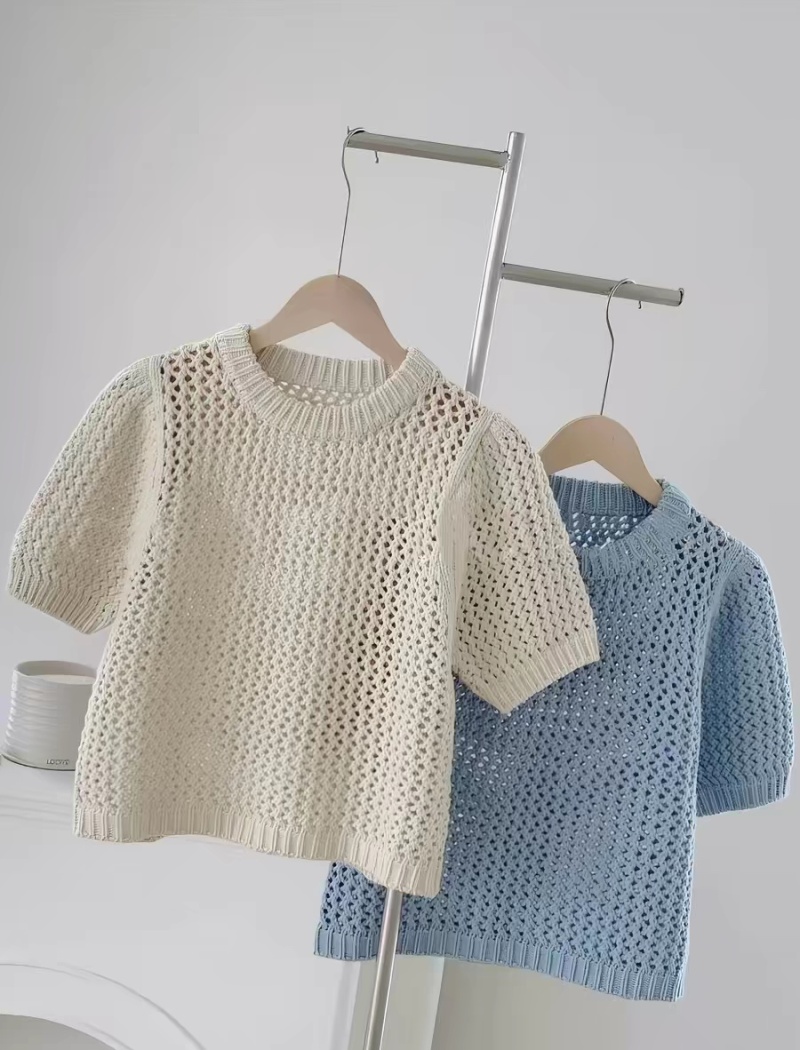 Pullover round neck sweater hollow short tops for women