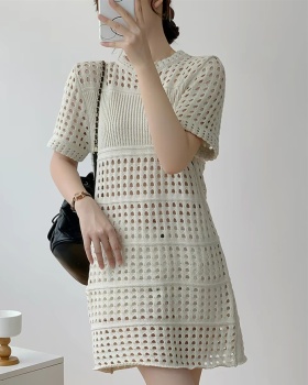 Hollow knitted spring and summer T-back conjoined short dress