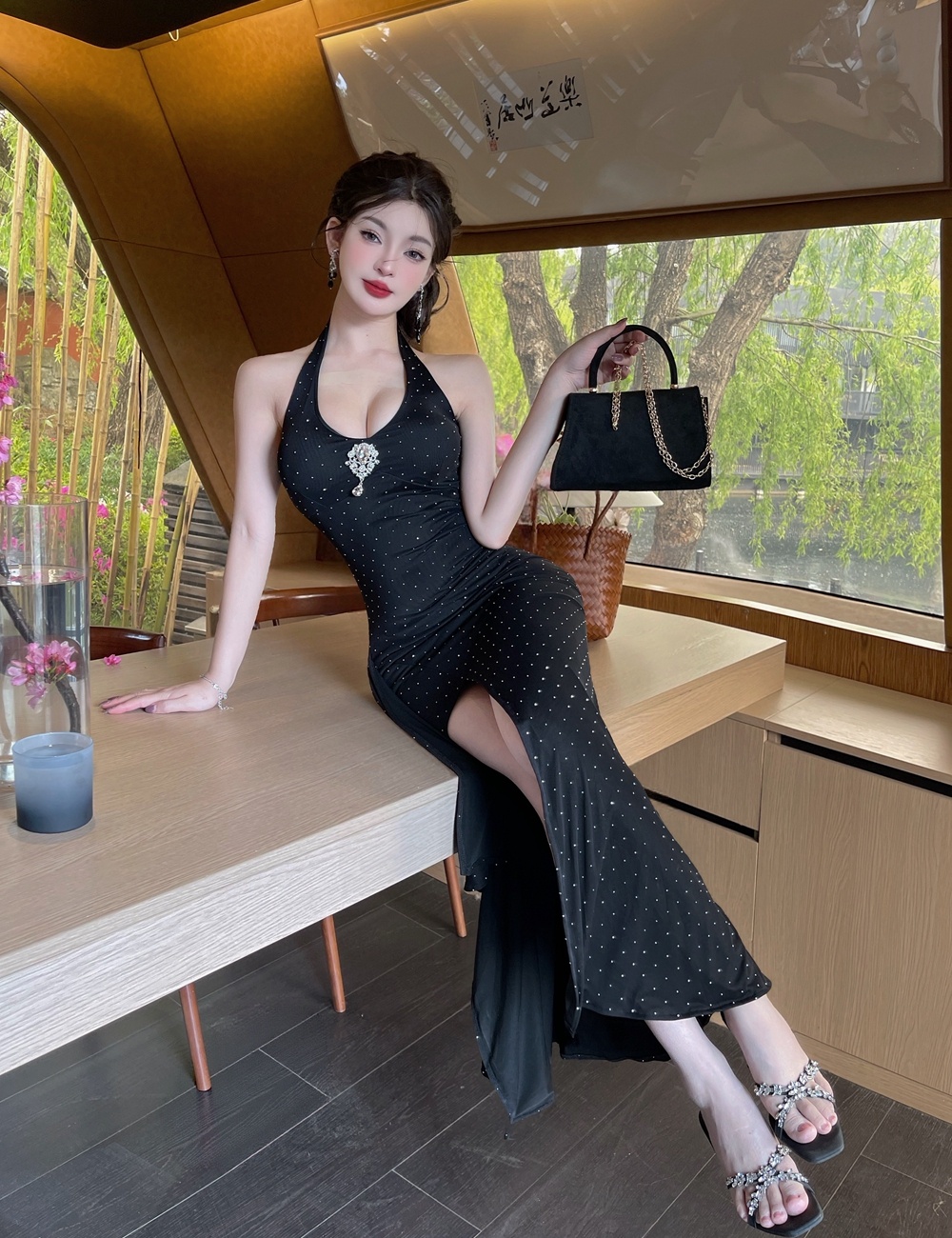 Package hip slim long dress split dress for women