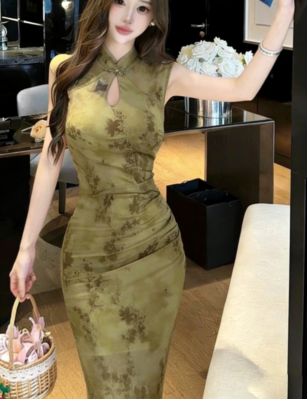 Floral package hip gauze cheongsam summer spicegirl dress