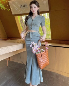 Denim V-neck retro skirt mermaid bubble tops 2pcs set