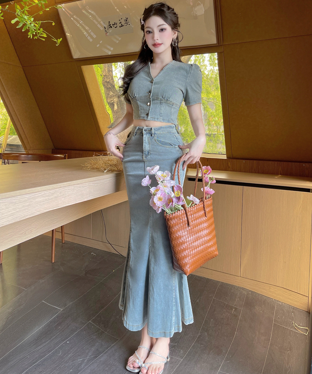 Denim V-neck retro skirt mermaid bubble tops 2pcs set