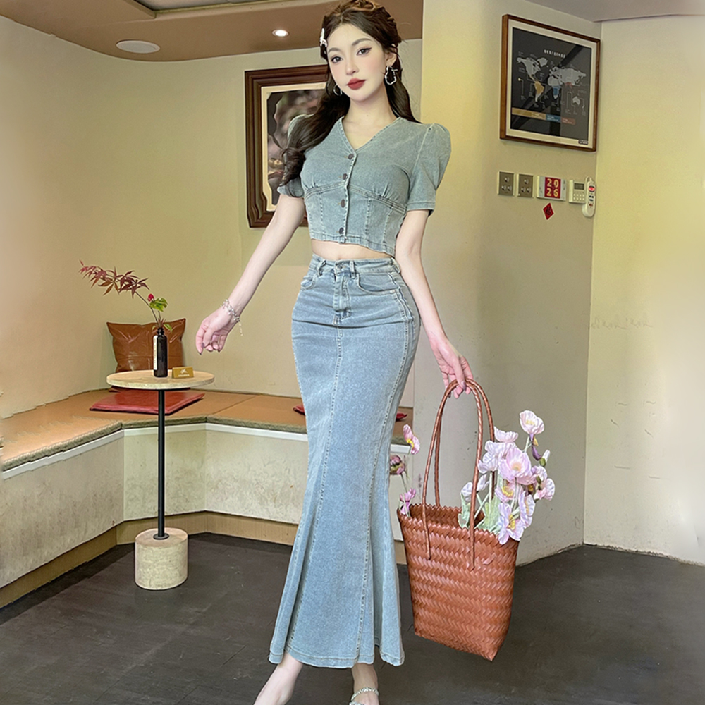 Denim V-neck retro skirt mermaid bubble tops 2pcs set