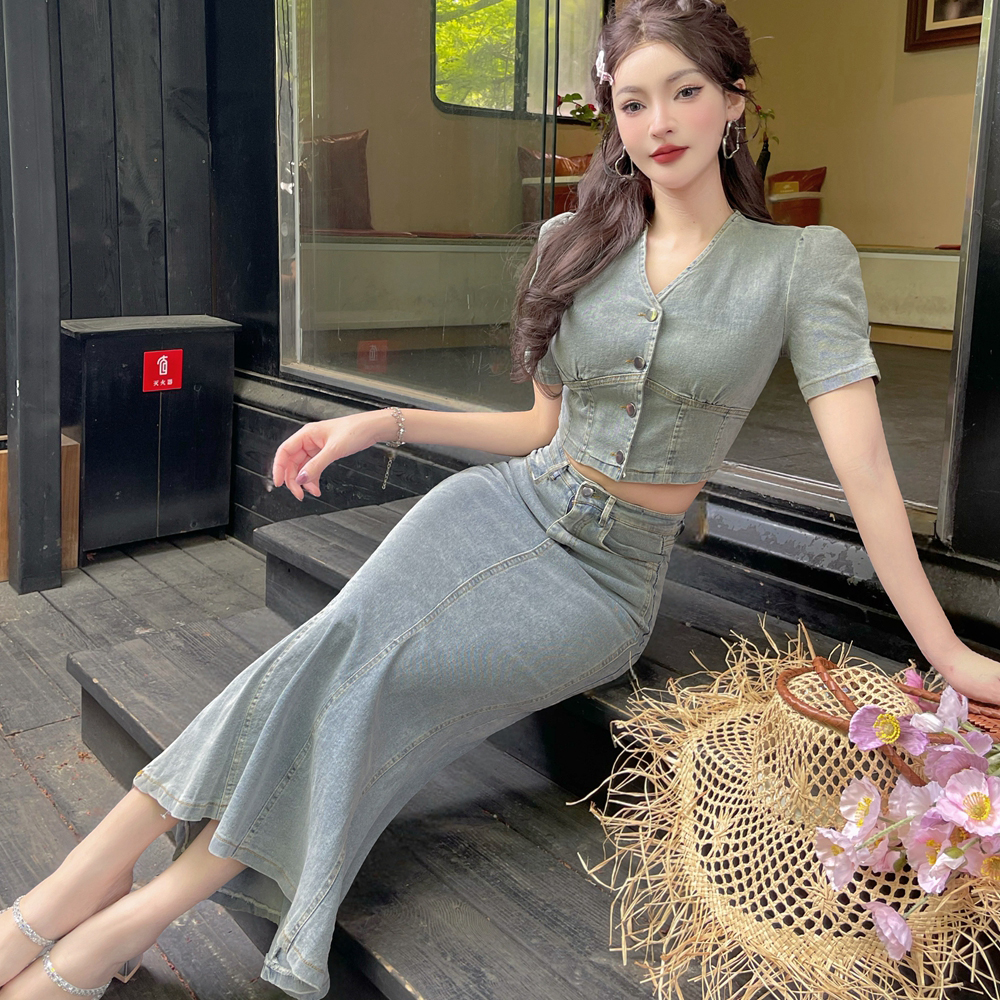 Denim V-neck retro skirt mermaid bubble tops 2pcs set