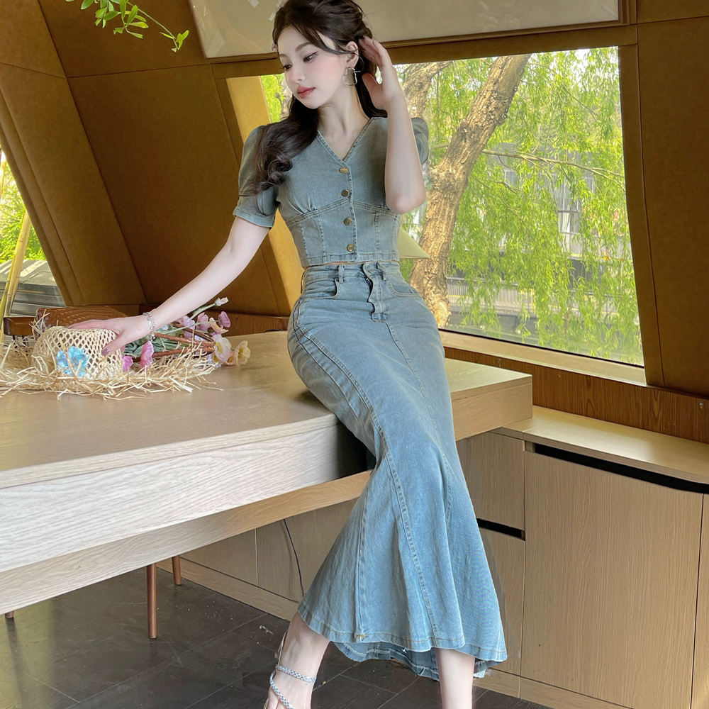 Denim V-neck retro skirt mermaid bubble tops 2pcs set