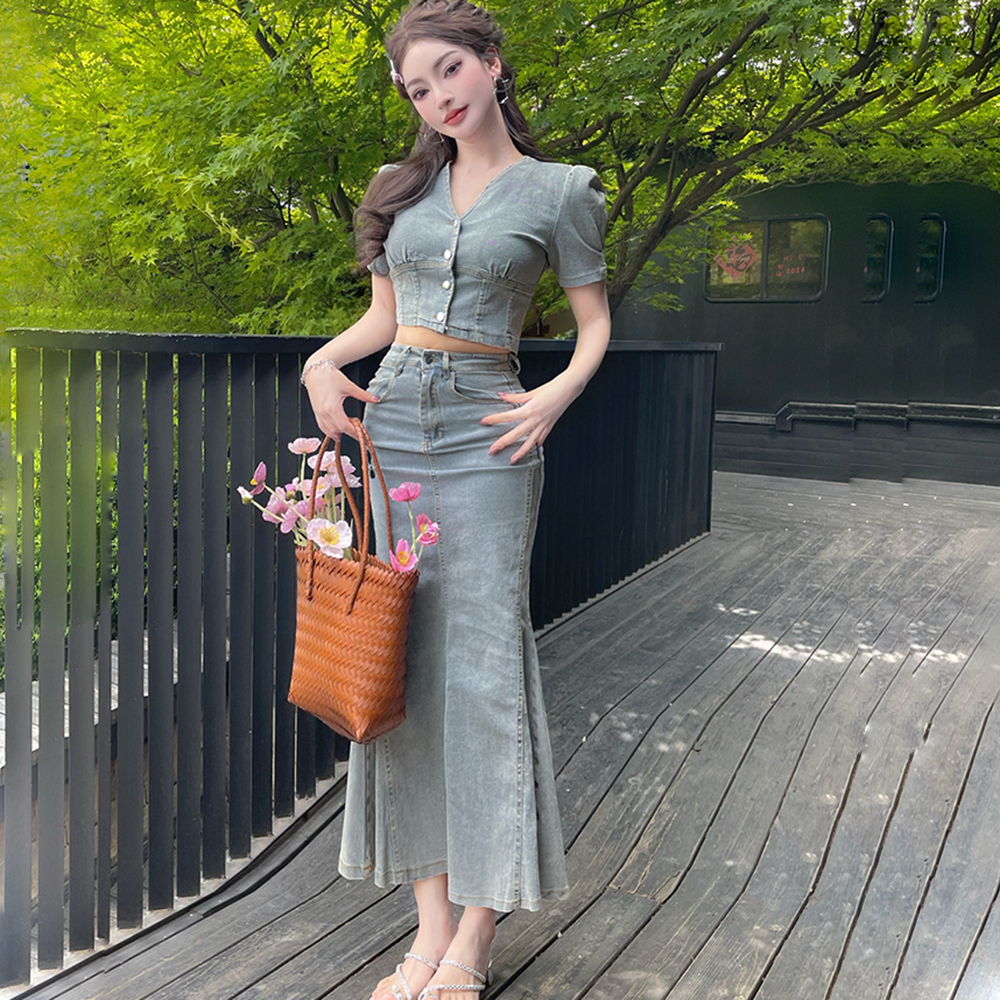 Denim V-neck retro skirt mermaid bubble tops 2pcs set