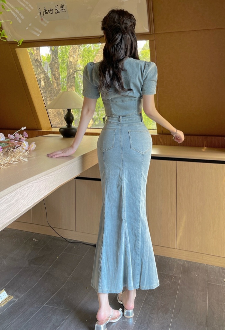 Denim V-neck retro skirt mermaid bubble tops 2pcs set