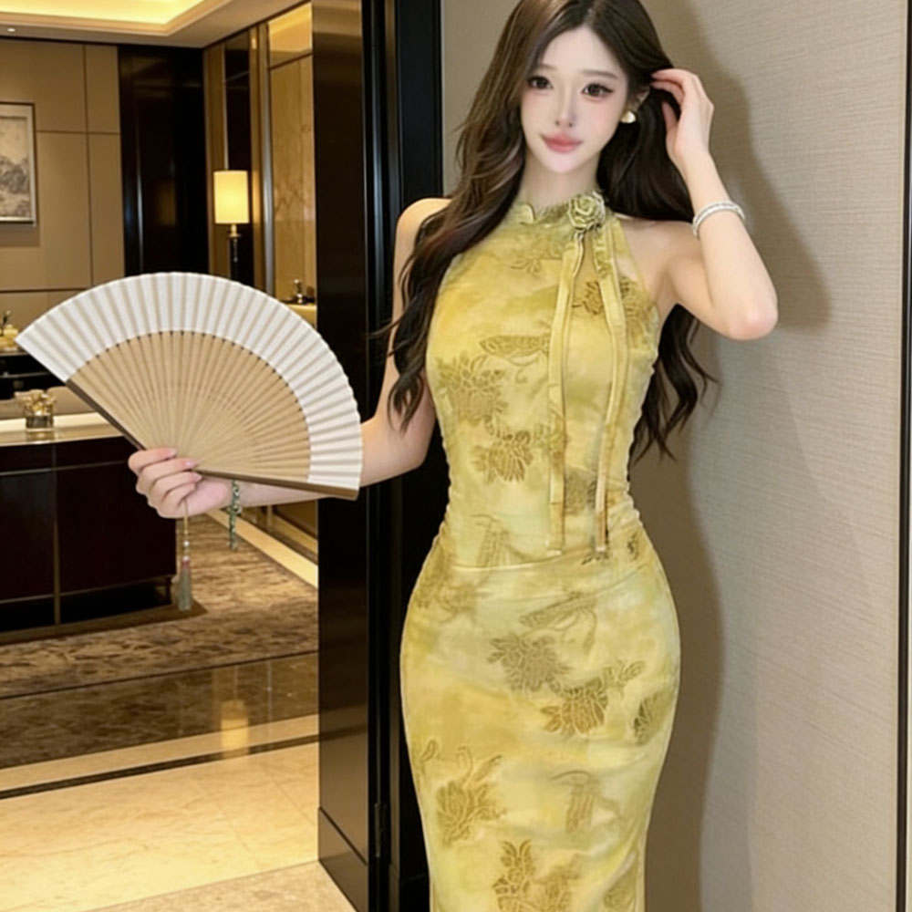 Halter mermaid long dress temperament cheongsam for women