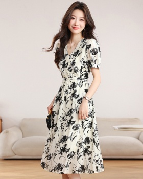 Printing temperament retro long dress slim ink dress
