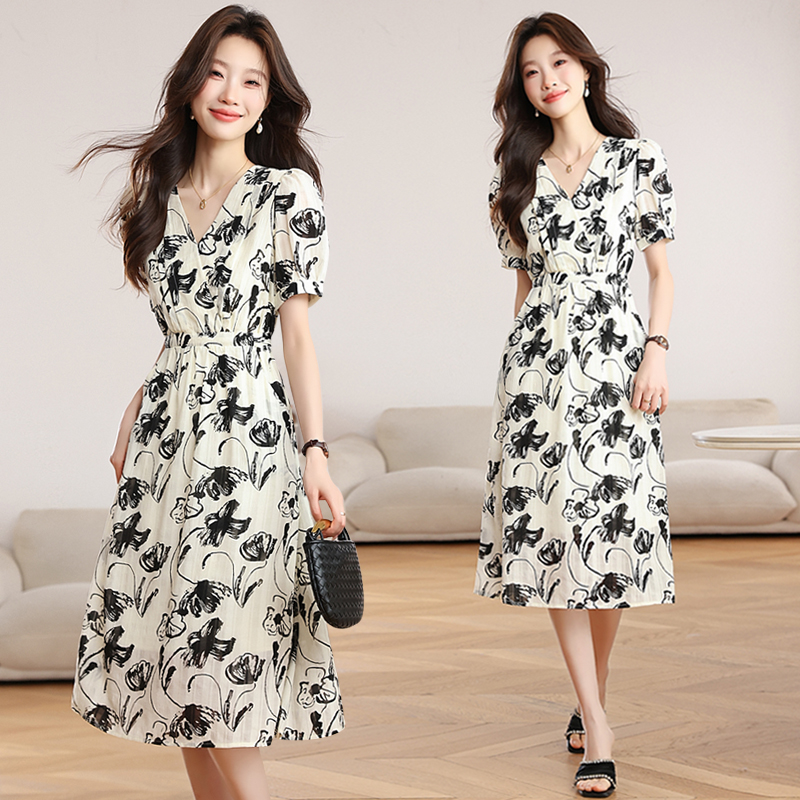 Printing temperament retro long dress slim ink dress