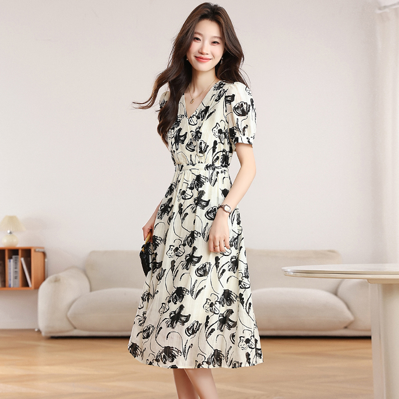 Printing temperament retro long dress slim ink dress