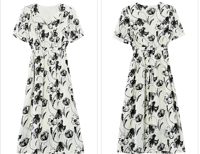 Printing temperament retro long dress slim ink dress