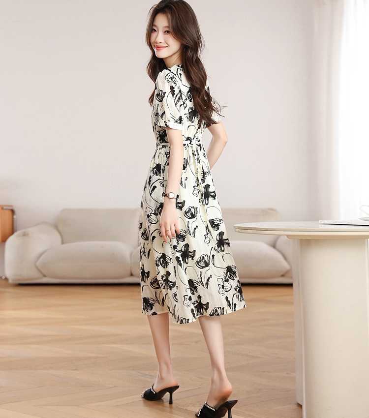 Printing temperament retro long dress slim ink dress