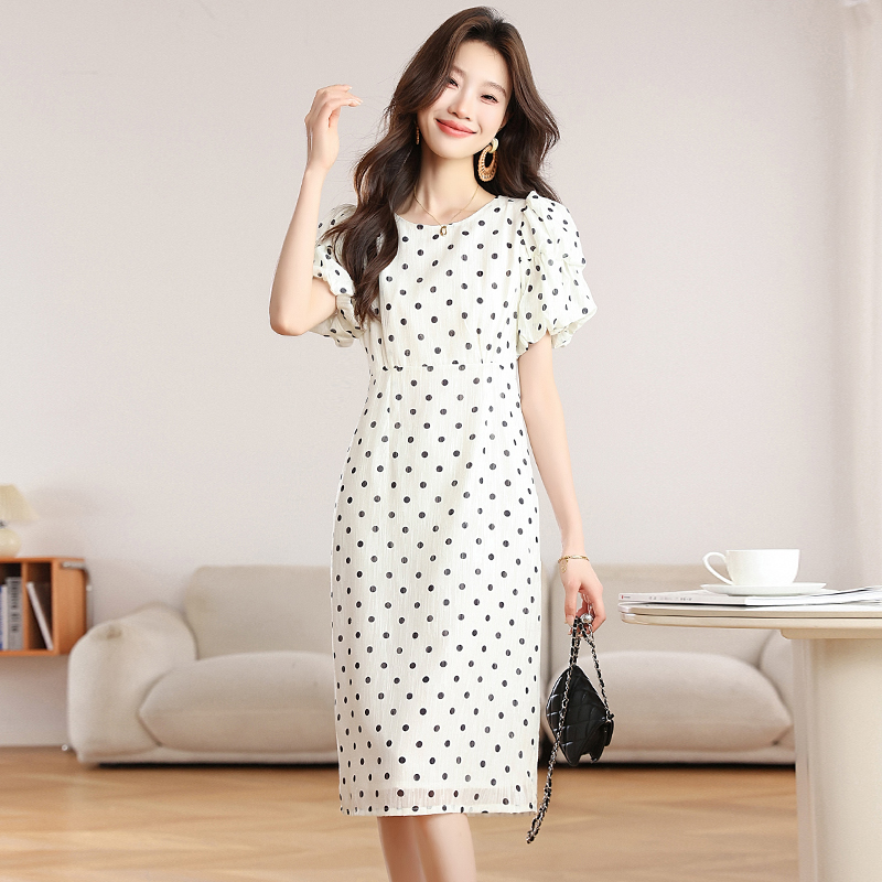 Spots chiffon polka dot white summer dress for women