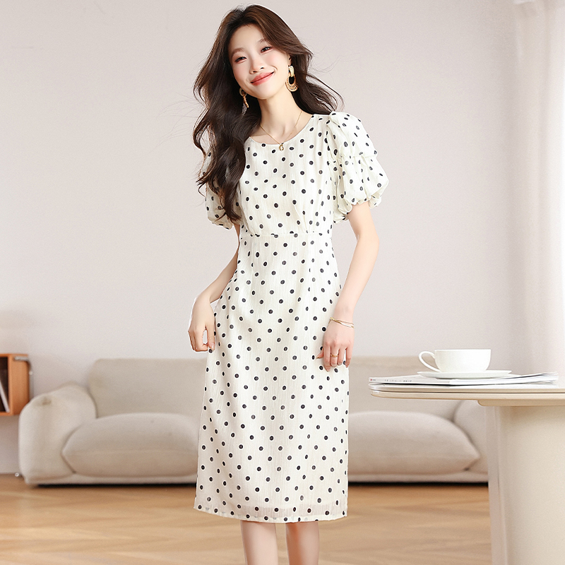 Spots chiffon polka dot white summer dress for women