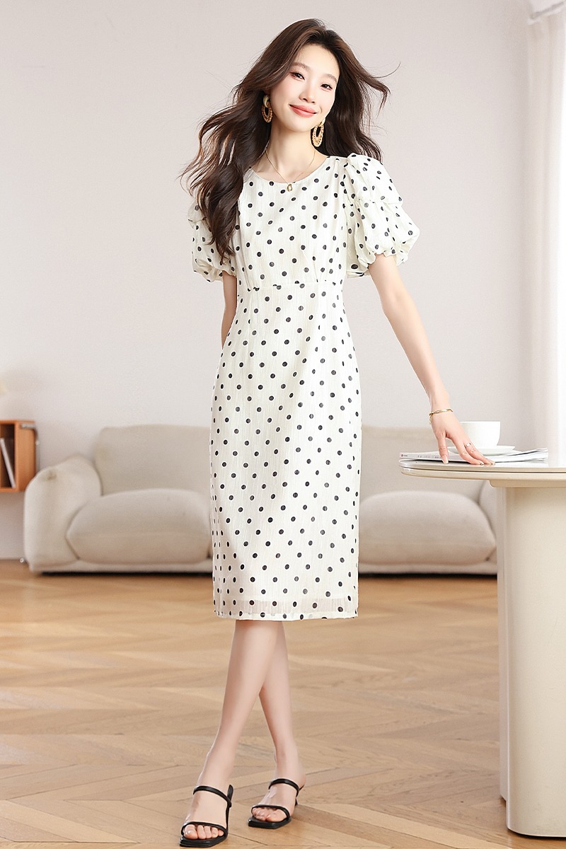 Spots chiffon polka dot white summer dress for women